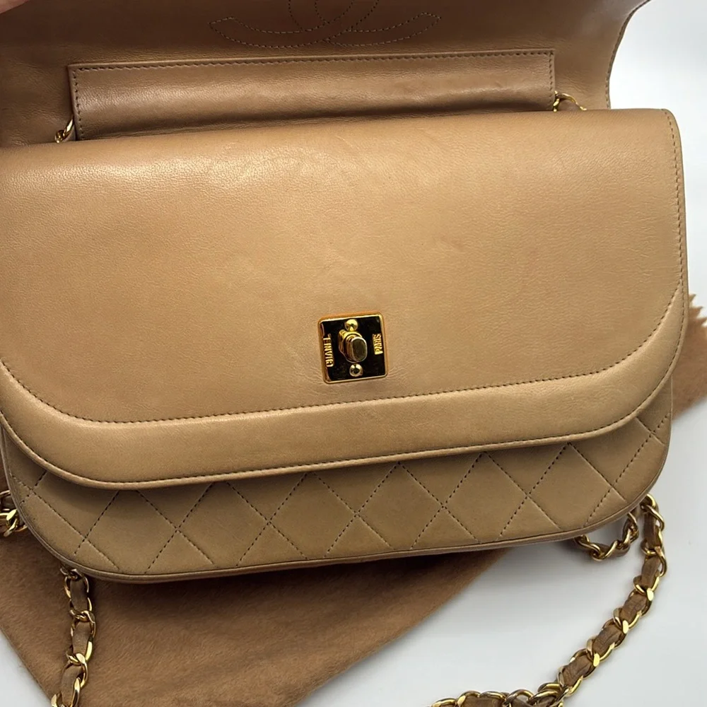 CHANEL HALF MOON BIEGE DOUBLE FLAP QUILTED CC GOLD HW LAMBSKIN SHOULDER BAG